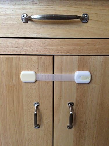 Play-Proof Slide Lock Child Baby Safety Latches for Cabinets Refrigerators Drawers Earthquake with Quality Adjustable Strap Won't Break - Made of Non-toxic Plastic (Cream, 2)
