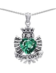 Genuine TRUE LOVE (tm) 925 Silver Simulated Emerald Heart With Crown and Angel Wings Pendant