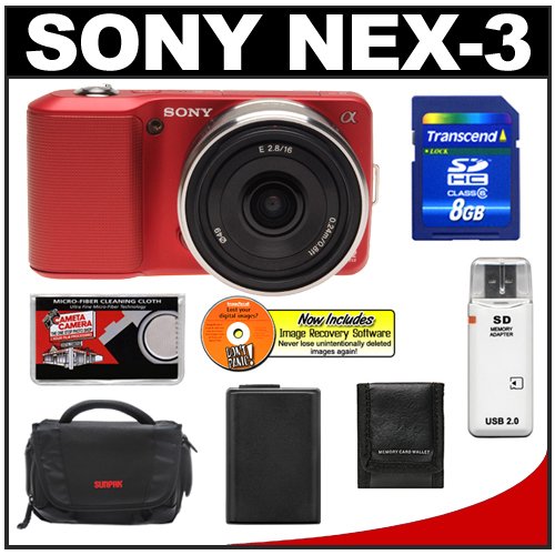 Sony Alpha NEX-3 Digital Camera Body & E 16mm f/2.8 Compact Interchangeable Lens (Red) with 8GB Card + Battery + Case + Accessory Kit