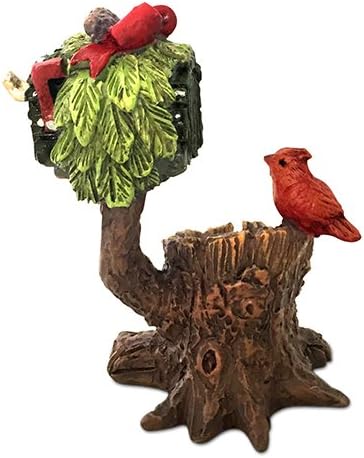 Miniature Fairy Garden Holiday Mail Box, Pine Bough and Cardinal