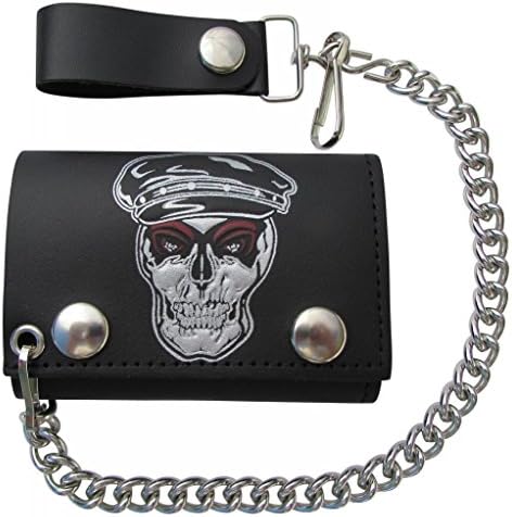 Mascorro Leather Men's Scull Head With Cap Trifold Chain Wallet 3 X 4-1/8 X 1 Inches Black