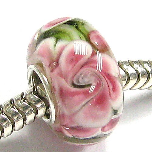 Valentines Sterling Silver Pink Rose Murano Flower Glass Bead For Pandora Troll European Story Charm Bracelets