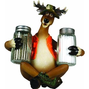 Set A Shopping Price Drop Alert For River's Edge Hand Painted Poly Resin Cunning Deer Decked in Hunter's Orange Vest and Camo Hat Salt & Pepper Shaker Set