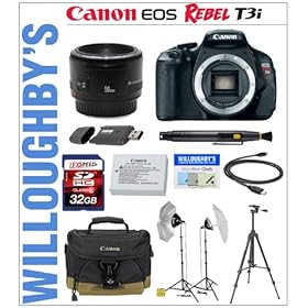Canon EOS Rebel T3i 18 MP CMOS Digital SLR Camera Body + Canon EF 50mm f/1.8 II + LexSpeed 32GB SDHC Class 10 Memory Card + 3pc Essential Filter Kit + Sunpak 6600DX Digital Tripod + Canon LPE8 Spare Battery + Smith-Victor KT500U Lighting Kit + Canon Deluxe Gadget Bag & Much More! Willoughby's Est. 1