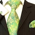Paul Malone Krawatten Set 3tlg grün gold paisley Seidenkrawatte + Manschettenknöpfe + Einstecktuch