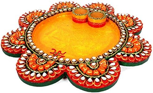 Handmade Paper Mache Thahi or Plate with Built in Bowls in Beautiful Flower Shape