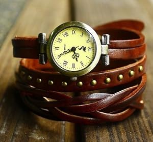 Jirong Vintage Style Chocolat Bracelet en cuir Wrap Watch, Rivet Montre-bracelet de montre de la main des femmes SL2279