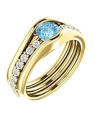 18K Yellow Gold Round Cut Blue and White Diamond Ring -- LIFETIME WARRANTY
