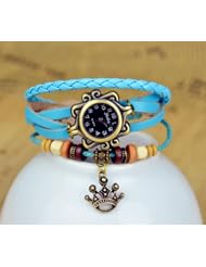 KANO BAK(TM) Fashion Weave Wrap Around Press Button Leather Retro Bracelet Woman Girl Man Royal King Crown Wrist Gift Watch Sky Blue