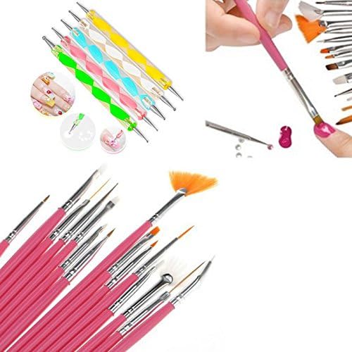 20pc Nail Brushes Art Manicure Pedicure Beauty Painting Polish Brush and Dotting Pen Tool Set for Natural, False, Acrylic and Gel Nails (Pink)