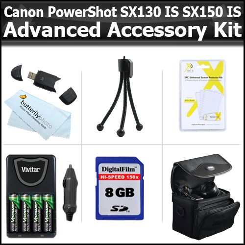 8GB Advanced Accessory Kit For Canon PowerShot SX160 IS, SX160IS, SX130 IS SX130IS SX150 IS SX150IS Digital Camera Includes 8GB High Speed SD Memory card + USB 2.0 Card Reader + 4AA High Capacity Rechargeable NIMH Batteries And AC/DC Charger + Case + More