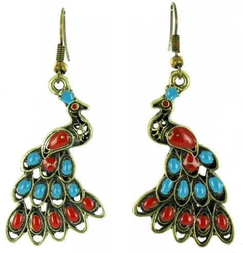 ilovefj Blue and Red on Antique Gold Peacock Earrings