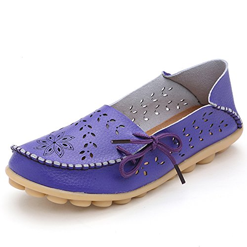 Lucksender Womens Hollow Out Carving Casual Leather Driving Flat Loafers Shoes 9B(M)US Purple