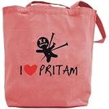 Canvas Tote Bag Pink " I Love Pritam " Name