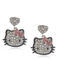 Hello Kitty Girls "Black Outline" Sterling Silver Pave Crystal Face Pink Crystal Bow Round Heart Drop Earrings