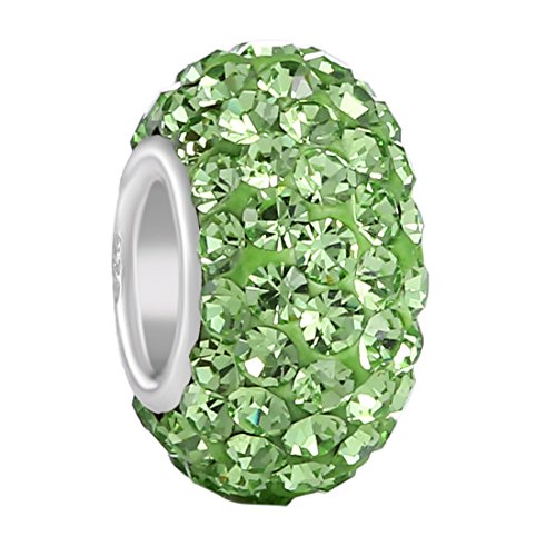BoRuo Charms 925 Sterling Silver Czech Crystal Peridot Glass Ball Beads Spacers August Birthstone Solid Core Charm Fit Pandora Bracelets.