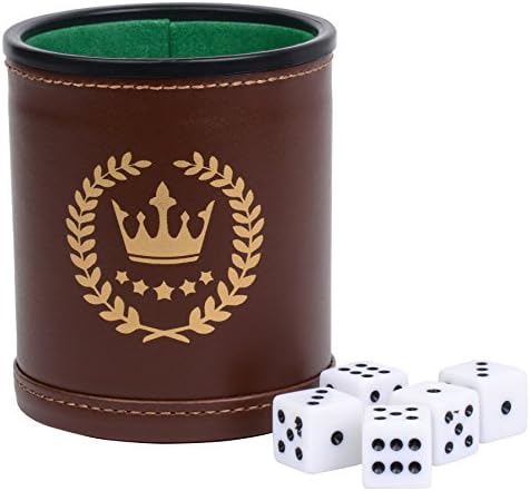 Park City Games Professional Casino 5 pc Dice Cup Set PU Brown Leather Green Velvet Lined Includes 5 White Six-Sided Dice