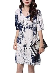 V-neck Cotton/Linen Slit Vintage General Print Short Sleeves  Dress