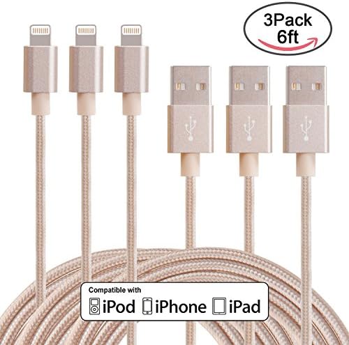 Cabest 3Pack 6ft Nylon Braided 8 Pin Lightning to USB Cable Charger with Aluminum Heads for iPhone 6/6s/6 Plus/5/5c/5s, iPhone SE, iPad Pro/Mini/Air, iPod Nano 7, iPod Touch 5 and Beats Pill+ (Golden)