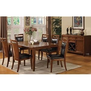 Solid Wood Dining Table with Leaf and 6 High Back Side Chair with Black Cushion in Brown Cherry Finish ADS90528,90529