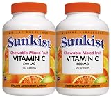 Sunkist Vitamin C Chewable Tablets, 500 mg, Mixed Fruit, 90-Count Bottles in 2-Count Packages (Pack of 3)