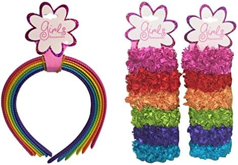 Rainbow Headbands (6) and Rainbow Hair Ties Scrunchies (12); 18 Pieces Total for Girls