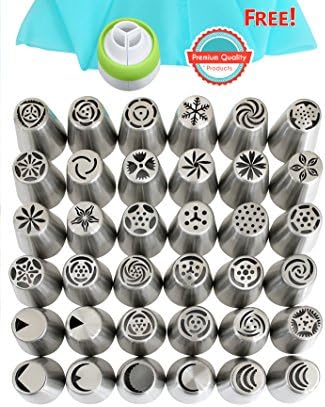 Original Russian Piping Tips 38 Piece Set Stainless Steel Nozzle Kit For Decorating Cake FREE Coupler And Pastry Bag