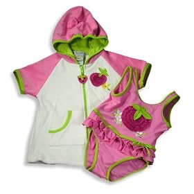 Swim' n Pretty by Baby Buns - Toddler Girls 2 Piece Swimwear Set, Swimsuit and Hooded Cover-up, Pink, White