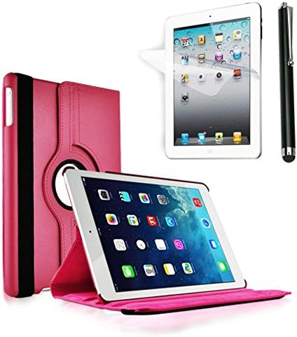 HAIO 360 Apple Ipad Air Case Rotating Leather Stand Smart Cover For Apple Ipad Air 5 th Generation [Case Cover + Screen Protector + Stylus Pen] (HOT PINK)