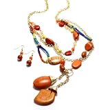 Chain And Bead Necklace Set; 42"L; Gold Metal; Orange And Yellow Beads; Multicolor Threading; Lobster Clasp Closure; Matching Earrings Included;