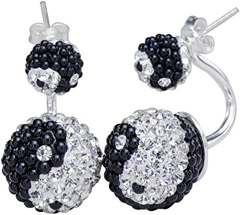 Sparkling Evening Black White Ying Yang Balance Dangle Ball Earrings 925 Silver