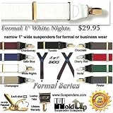 Y-back formal pure white suspenders with gold clips