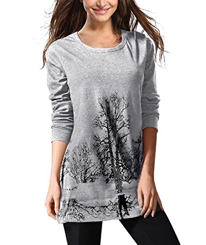 DJT Women's Scoop Neck Long Sleeve Stretchy Irregular Hem Casual Top Blouse Light Grey