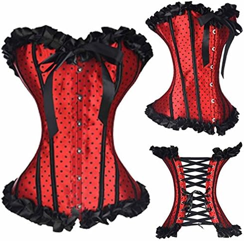 Women Sexy Steampunk Corset Top Lace Up Boned Bustier Waist Cincher /Red Satin Dot Corset / size :M
