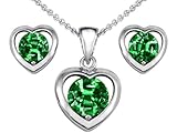 2.50 cttw 14k White Gold Plated Silver Simulated Emerald Heart Pendant with Free Box Set matching earrings