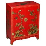 EXP Handmade Asian furniture-29" Imperial-Style Red & Gold Storage Cabinet / End Table Nature Motif