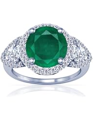 18K White Gold Round Cut Emerald Ring With Sidestones