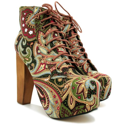 Lace Up Wooden Block Heel Concealed Platform Ankle Boots