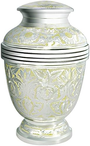 Meilinxu - Cremation Urns for Human Ashes Adult - Funeral Urn or Pet - Design is Hand Engraved in Brass - Burial And Memorial Urn At Home or in Niche at Columbarium (Silvery Shine, Large Urn)