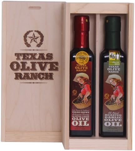 Texas Olive Ranch Arbequina EVOO and Roasted Garlic Oil Gift Set with Wood Box