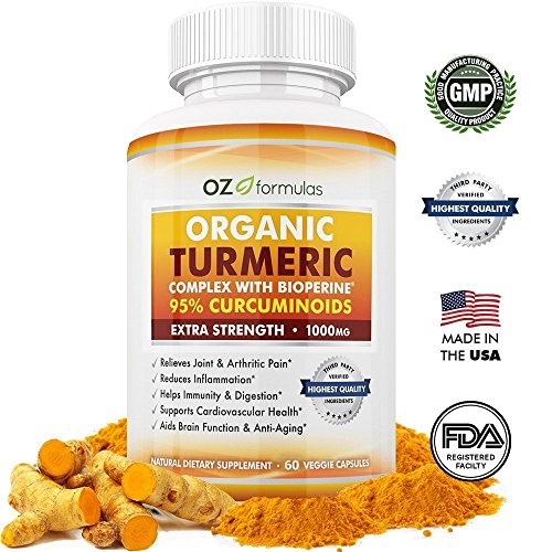 OZ Formulas Premium Organic Turmeric Complex With BioPerine (Black Pepper): Extra Strength 1000mg Serving, 60 Capsules, 100% Natural, PLUS 95% Curcuminoids, Pain, Arthritic relief & Joint Support. OZ Formulas Premium Organic Turmeric Complex With BioPerine (Black Pepper): Extra Strength 1000mg Serving, 60 Capsules, 100% Natural, PLUS 95% Curcuminoids, Pain, Arthritic relief & Joint Support.
