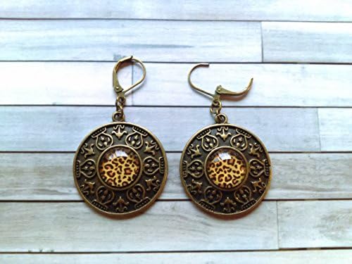 Unique Bronze Dangle Leopard Print Glass Dome Earrings- French Lever-back Dangles