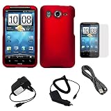 Red Durable Protective Rubberized Crystal Hard Case Cover for AT&T Wireless New HTC Inspire 4G Android Smart Phone + Clear Screen Protector + Black Rapid Travel Wall Charger with IC Chip + Black Rapid Car Charger with IC Chip + Micro USB Data Cable Cord