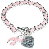 Breast Cancer awareness Pink ribbon faux suede charm bracelet