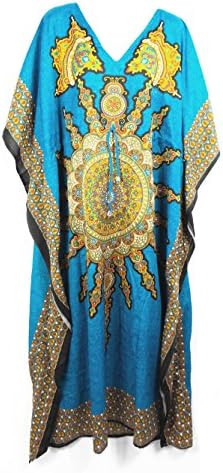 Annie's Fashion Women's Indian V-neck Sun Shape Print Caftan Dress (Blue)