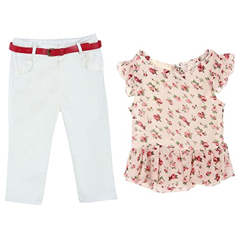 Shouhengda Girls Bear Printed Irregular T-shirt and Flower Pants Outfits