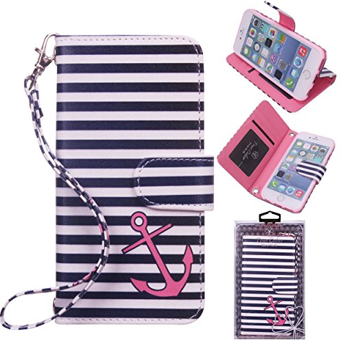 iPhone 6 6s Wallet Case, True Color® HD Printed Nautical Coral Anchor on Stripes Wristlet Purse Clutch + Removable Wrist Strap Card Slots & I.D Window Magnetic Closure Media Stand [True HD Collection]