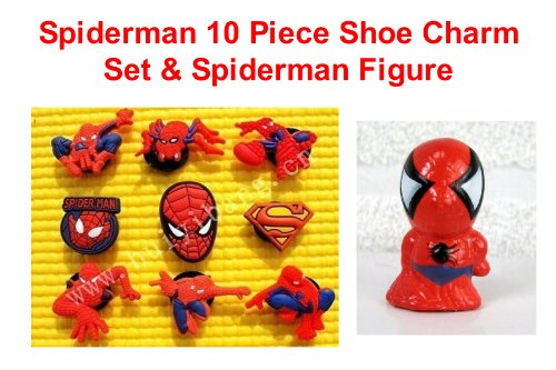 Set of 10 Super Hero Spiderman Figure and Shoe Charms, Shoe Snap on Decorations, Charms, Buttons, Widgets, for Clogs, Crocs, Bracelets and More