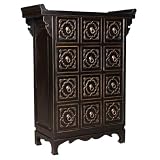 EXP Handmade Asian Furniture - 41" Black Lacquer Pagoda Style Chinese Medicine Cabinet - 12-Drawer