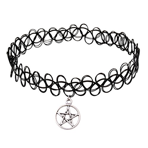 iWenSheng Women Vintage Black Gothic Double Line Henna Tattoo Choker Collar Necklace with Pentagram Pendant